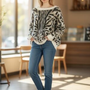 Express Black and Cream Animal Print Sweater Women’s L